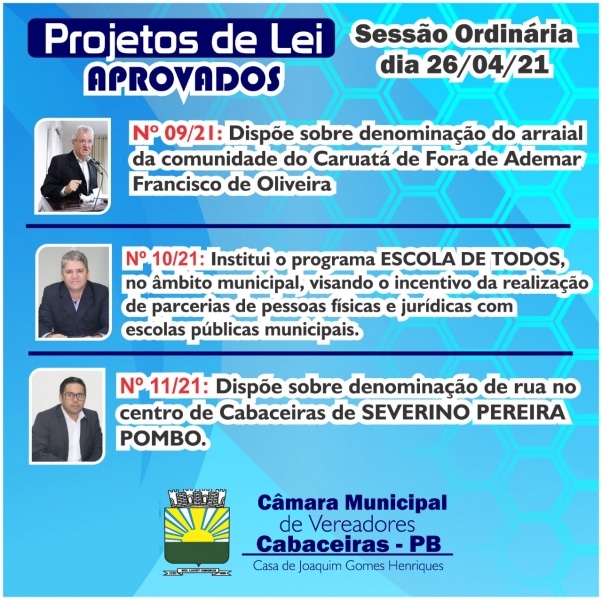 Projetos de Lei aprovados na Sessão Ordinária do dia 26 de abril de 2021
